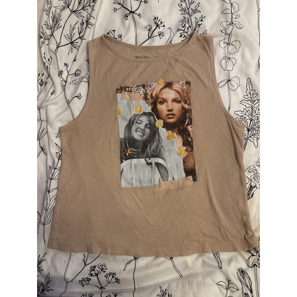 Britney Spears y2k Beige Ribbed Vintage Lucky Tank Top,‎ Size Small